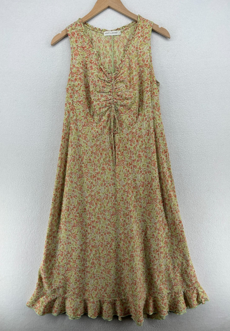 CUT LOOSE Dress L Ditsy Floral Shift Midi Sleeveless Ruched Cotton Green VTG USA